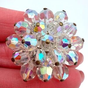 Vintage Aurora Borealis Crystal Cluster Brooch AB Bead Dome Flower Pin